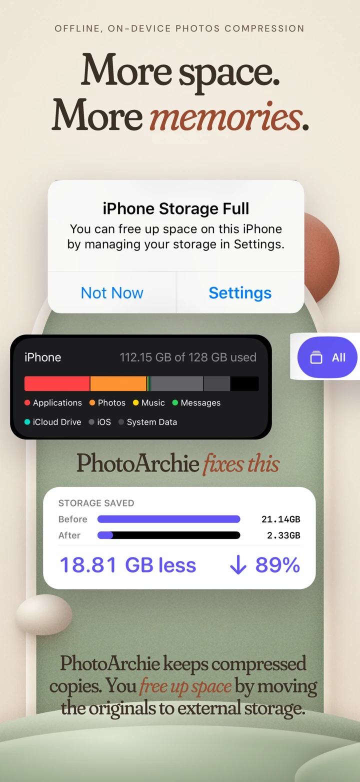 PhotoArchie storage story explaining lightweight local copies and moving originals to external storage to free space