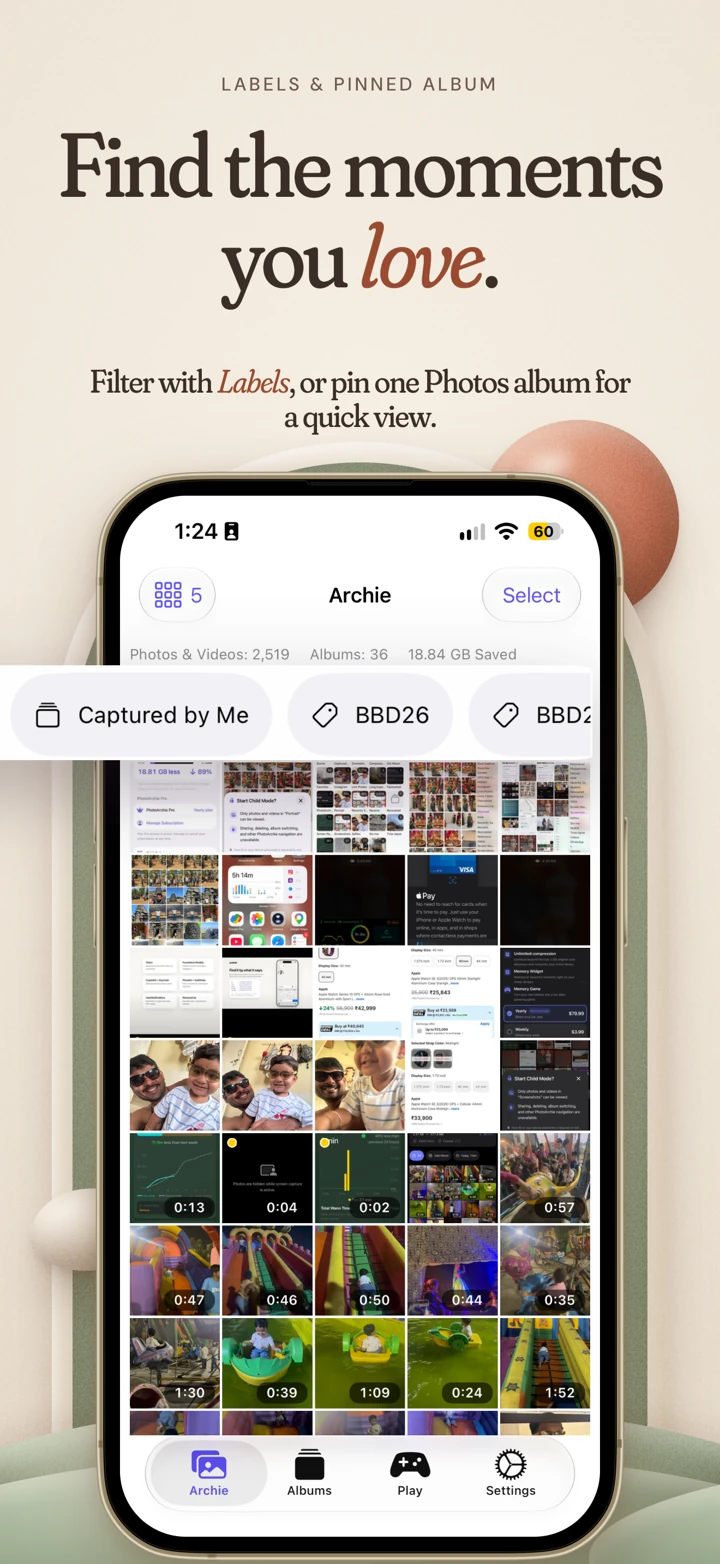 PhotoArchie labels and pinned-album screenshot with filters above the Archie photo grid