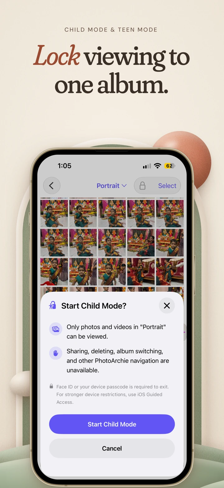 PhotoArchie Child and Teen Mode screenshot explaining restricted viewing in one album
