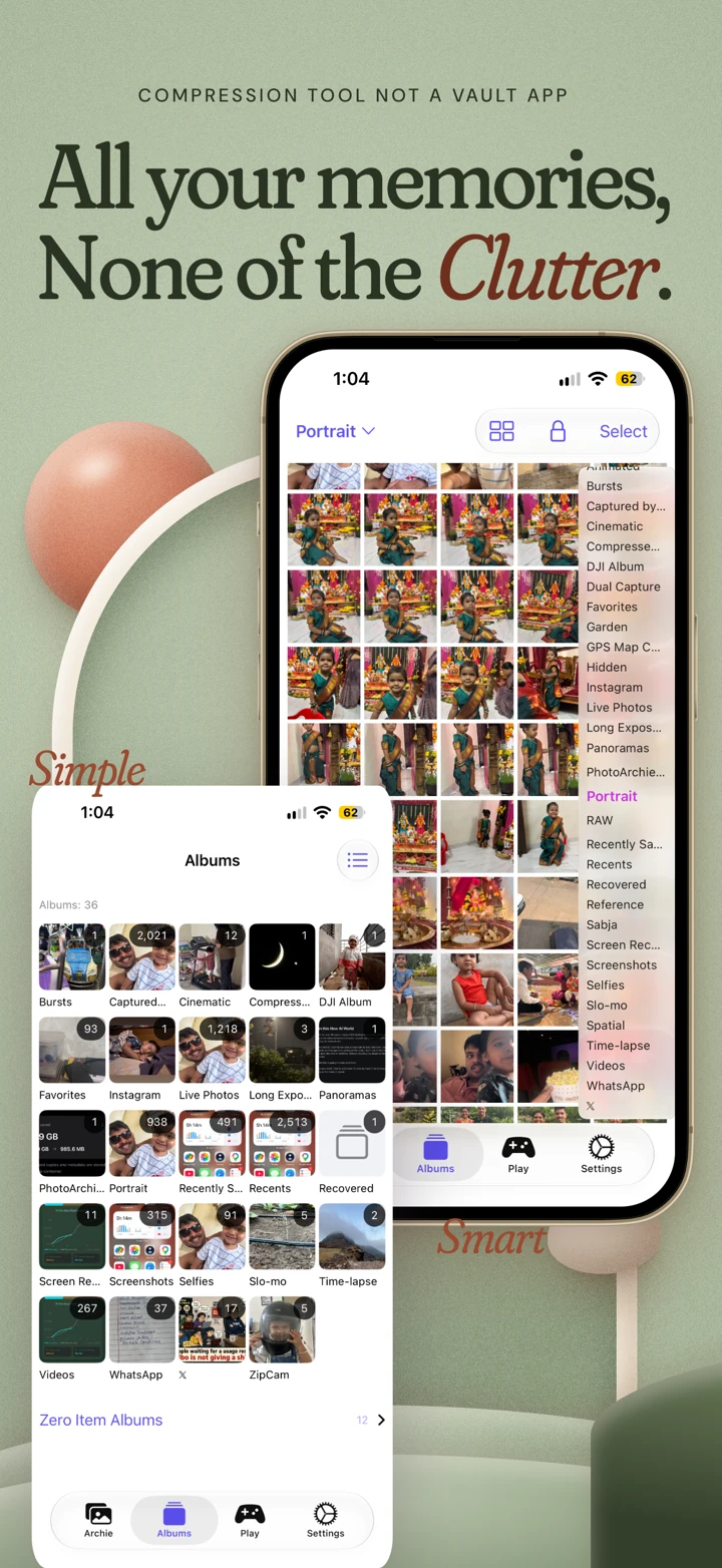 PhotoArchie Simple and Smart album-navigation layouts shown side by side