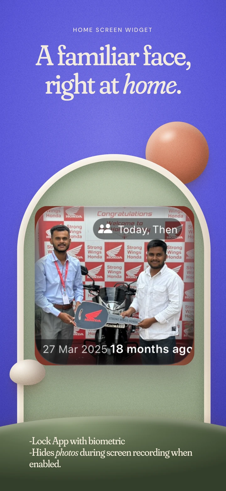 PhotoArchie Home Screen memory widget with a photo and date, plus App Lock and optional screen-recording protection descriptions