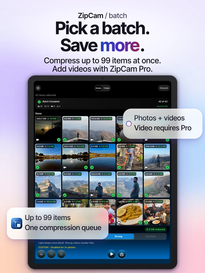 ZipCam on iPad: Batch compression queue and completed file-size results
