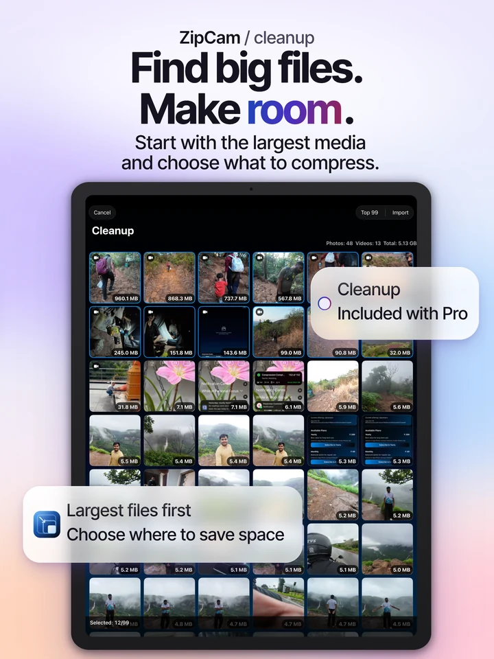 ZipCam on iPad: Cleanup selection for finding large media