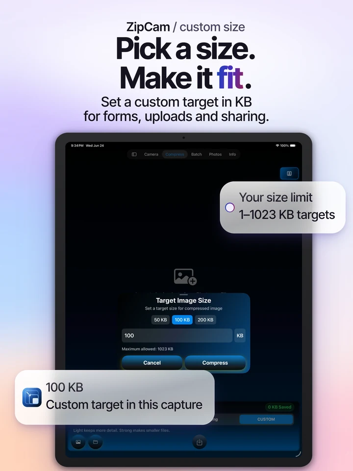 ZipCam on iPad: custom photo target settings with a 100 KB example