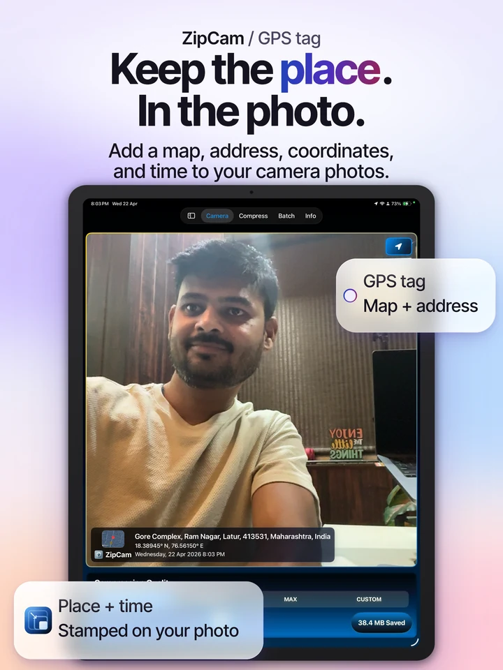 ZipCam on iPad: GPS photo stamp with location and date information