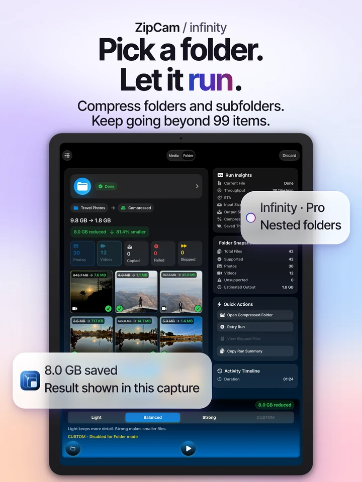 ZipCam on iPad: Folder/Infinity compression and its output summary