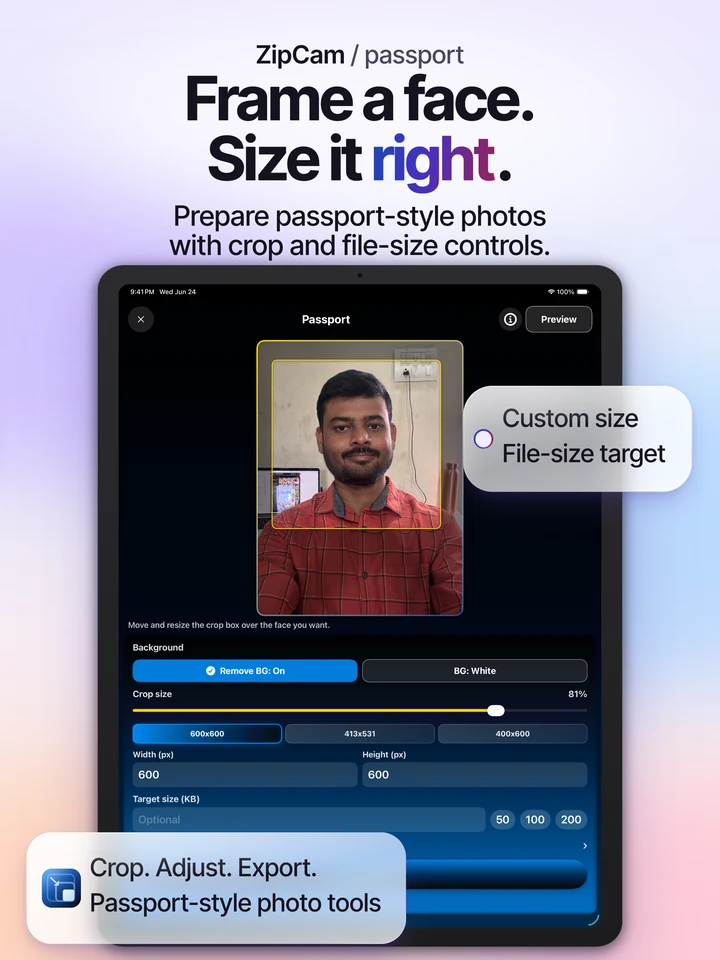 ZipCam on iPad: passport-style photo preparation tools