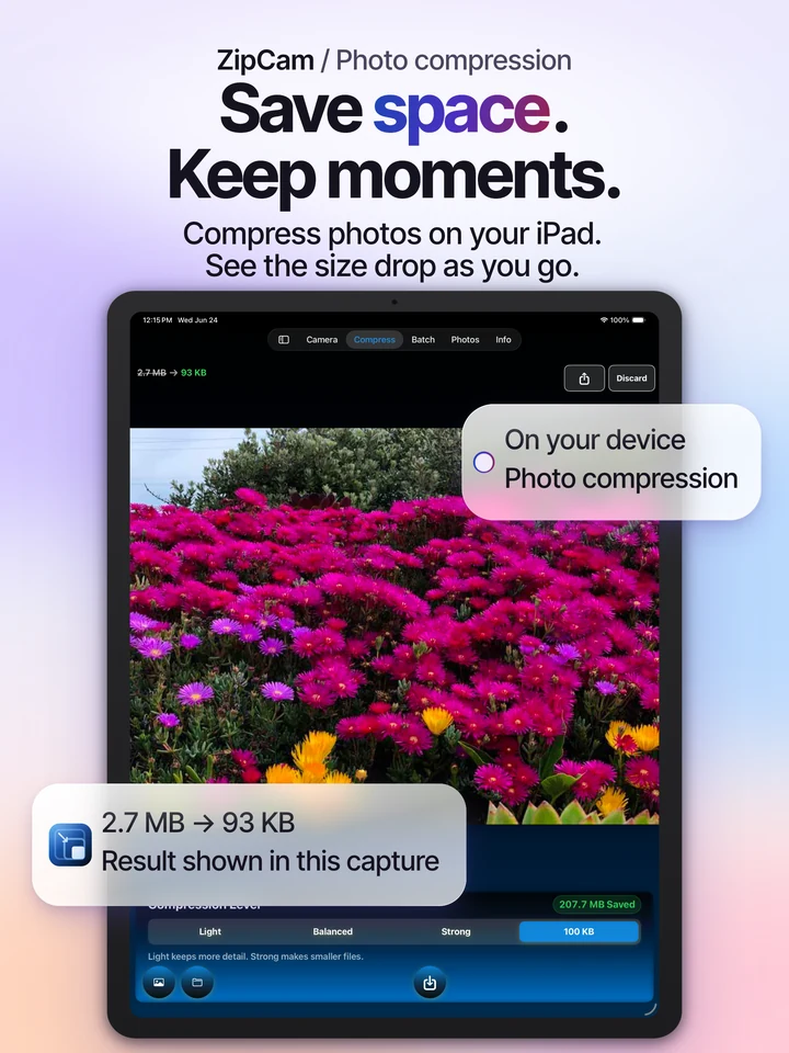 ZipCam on iPad: photo compression preview with compression levels and file-size results