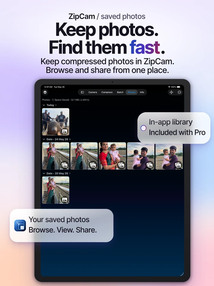 ZipCam on iPad: saved-photo library with compressed copies
