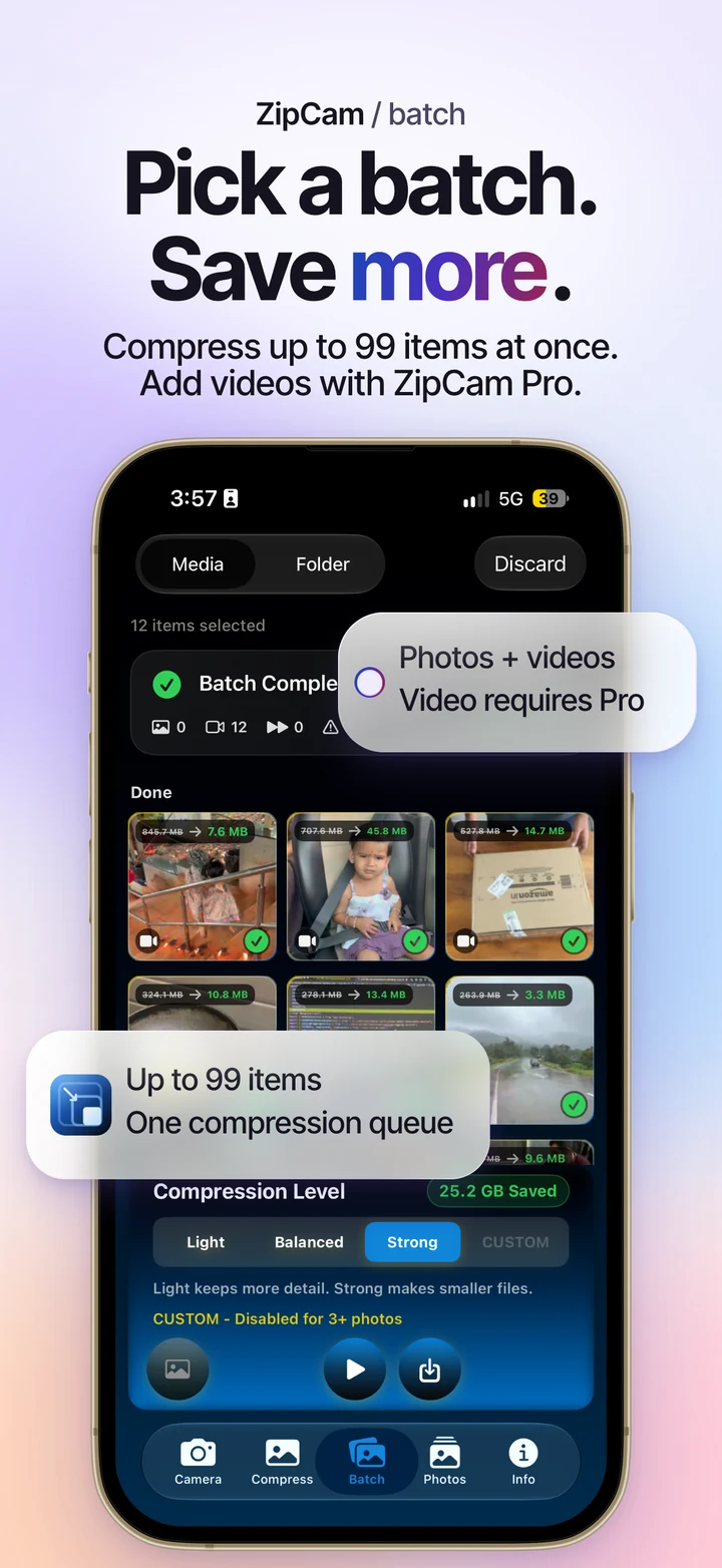 ZipCam on iPhone: Batch compression queue and completed file-size results