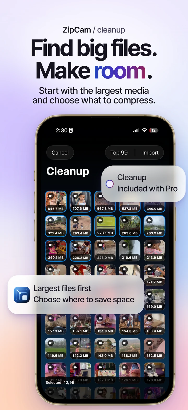 ZipCam on iPhone: Cleanup selection for finding large media