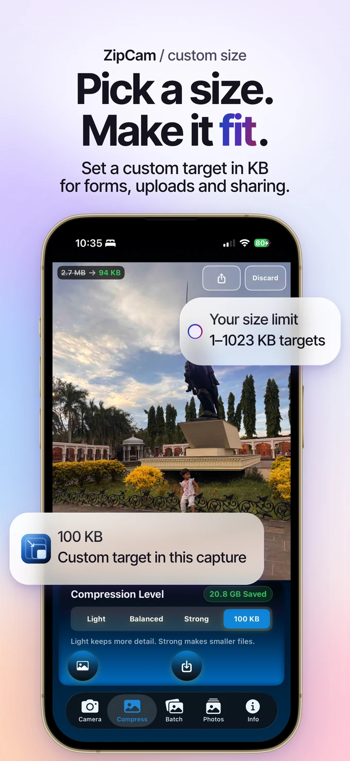 ZipCam on iPhone: custom photo target settings with a 100 KB example