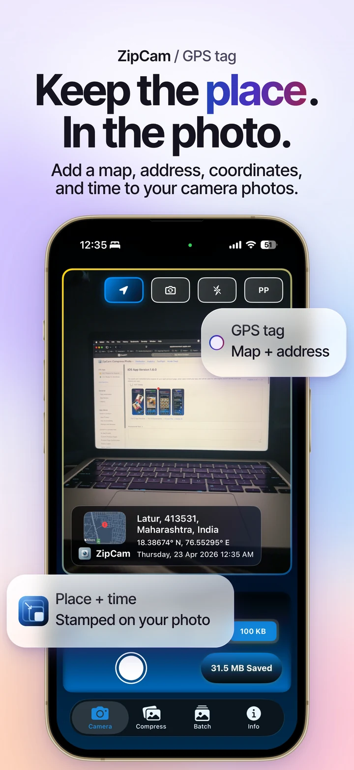ZipCam on iPhone: GPS photo stamp with location and date information
