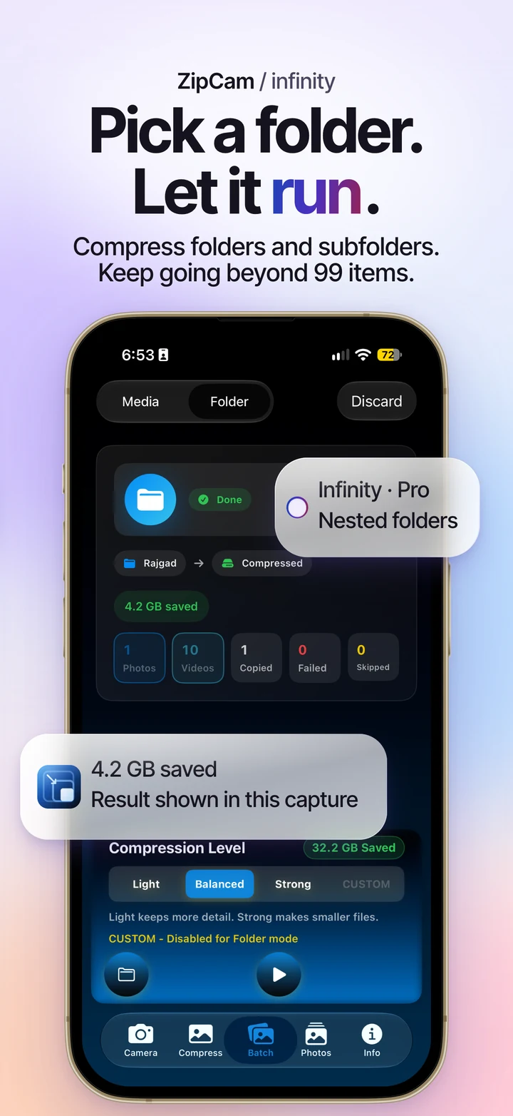 ZipCam on iPhone: Folder/Infinity compression and its output summary