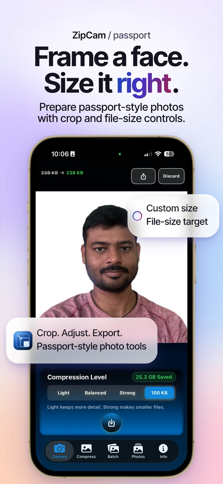 ZipCam on iPhone: passport-style photo preparation tools