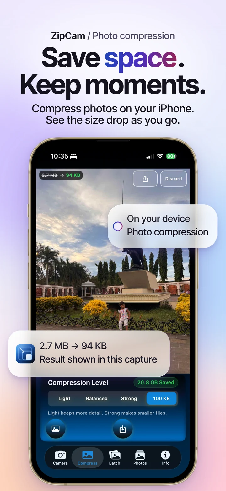 ZipCam on iPhone: photo compression preview with compression levels and file-size results