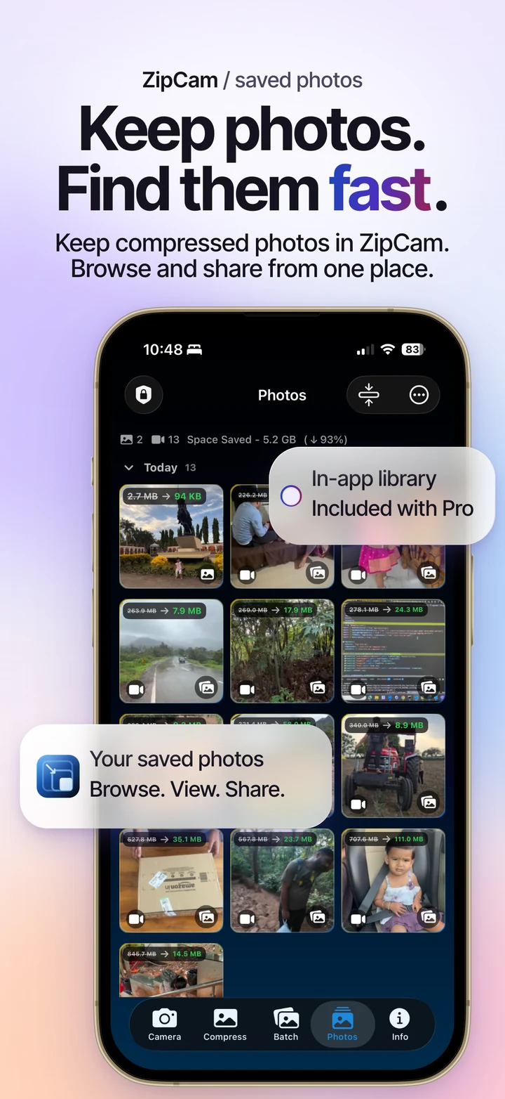 ZipCam on iPhone: saved-photo library with compressed copies