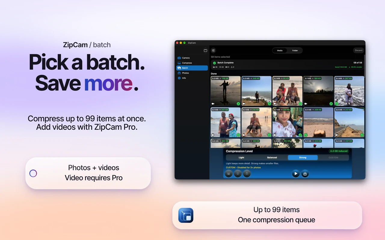 ZipCam on Mac: Batch compression queue and completed file-size results