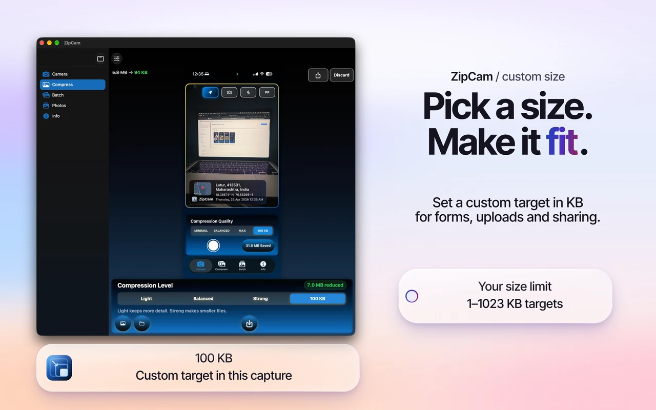 ZipCam on Mac: custom photo target settings with a 100 KB example