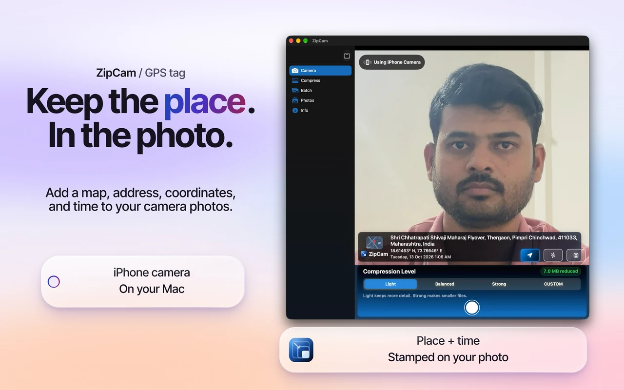 ZipCam on Mac: GPS photo stamp with location and date information