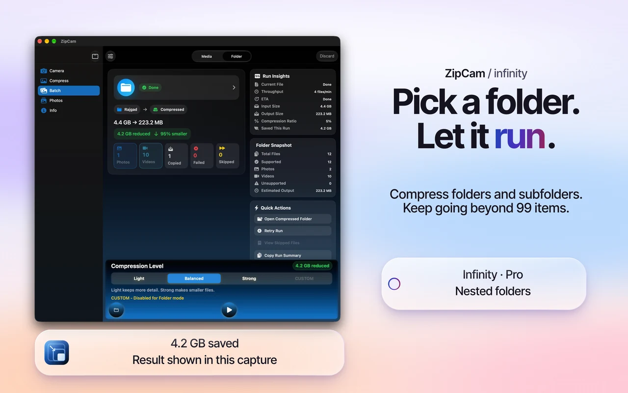 ZipCam on Mac: Folder/Infinity compression and its output summary