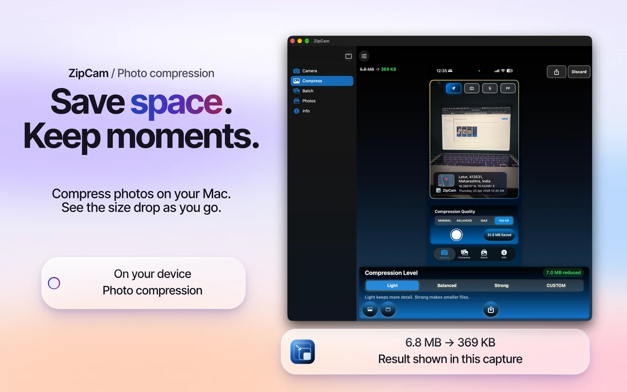 ZipCam on Mac: photo compression preview with compression levels and file-size results