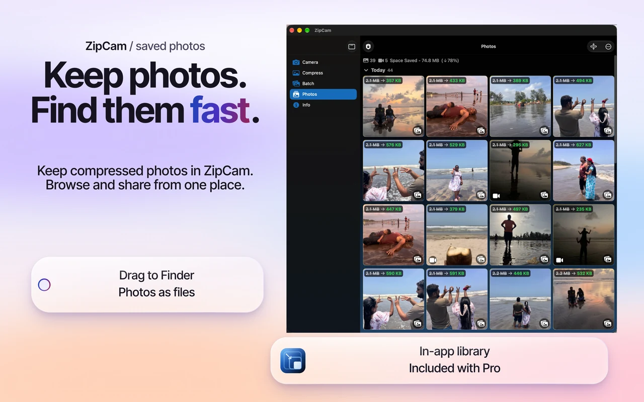 ZipCam on Mac: saved-photo library with compressed copies